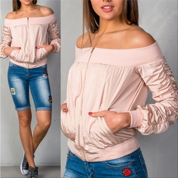BLUSH PINK OFF SHOULDER JACKET - Picture 2 of 4
